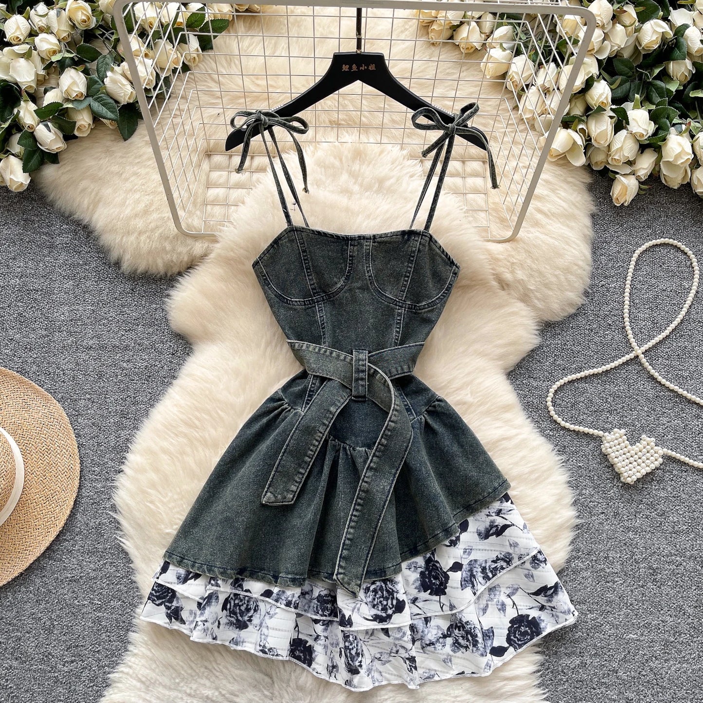 Denim & Floral Splice Sleeveless Sundress with Belt