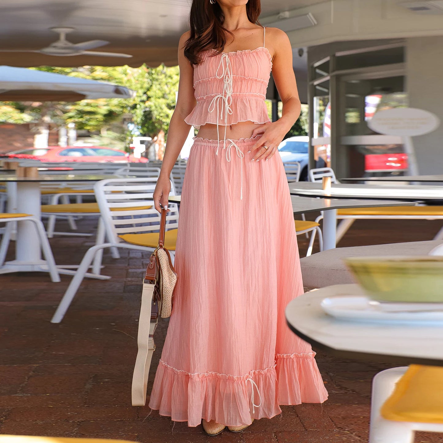 Y2K Patchwork Tie-Up Cami Top & Ruffle Maxi Skirt Set – Summer Beachwear