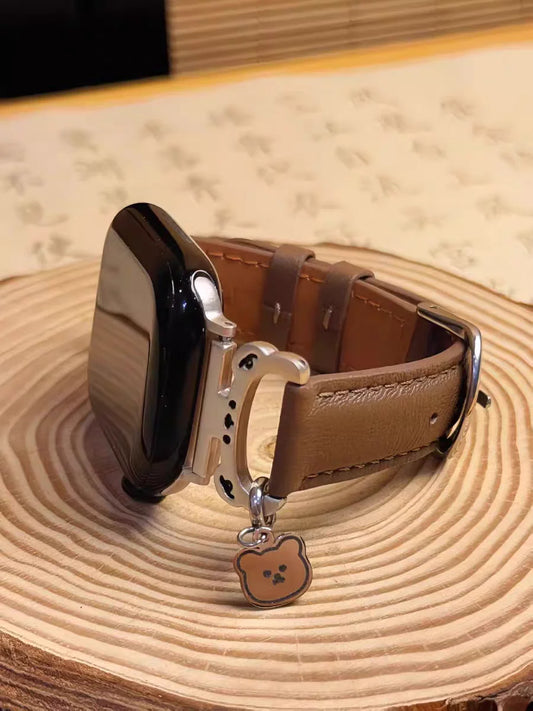 Premium Leather Apple Watch Band with Metal Bear Charm – Elegant Women’s Strap