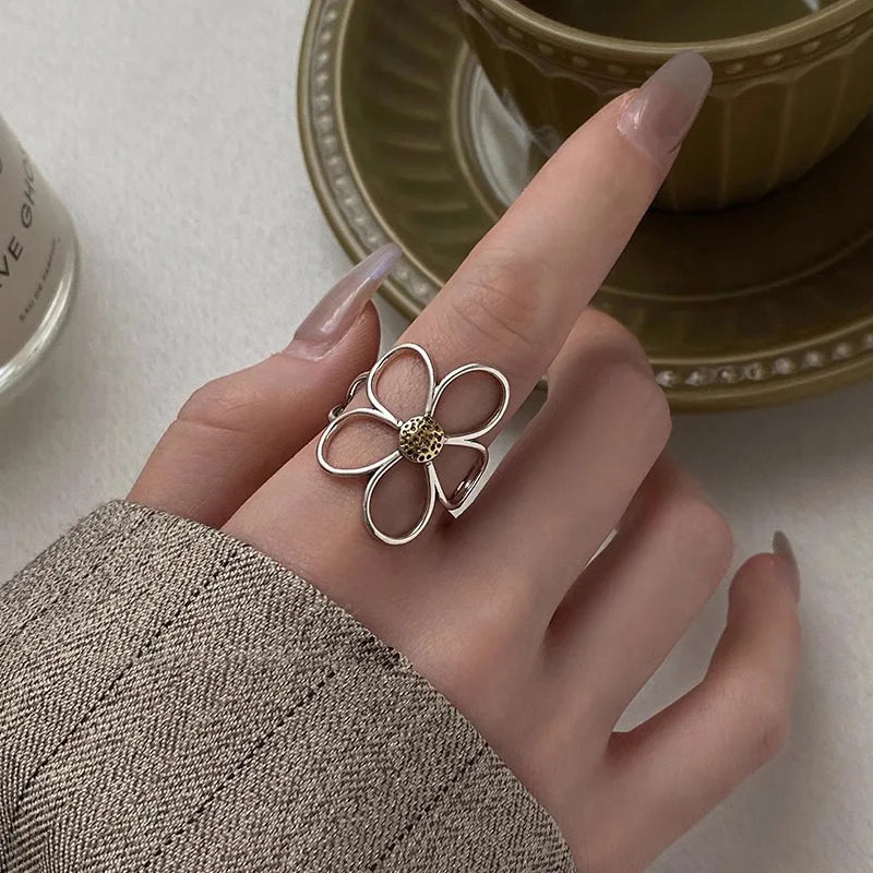 925 Sterling Silver Big Flower Adjustable Ring