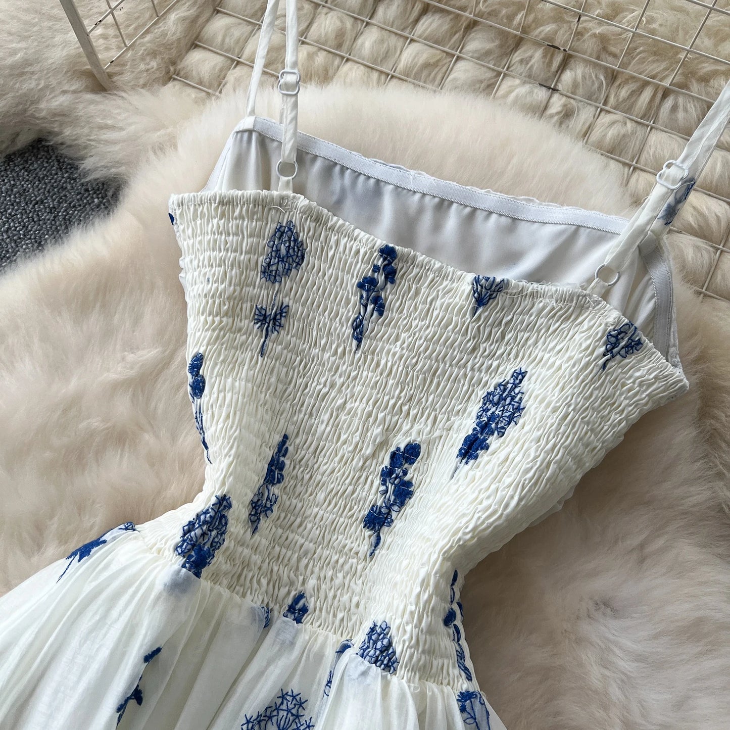 Summer Embroidered Ruched Long Dress