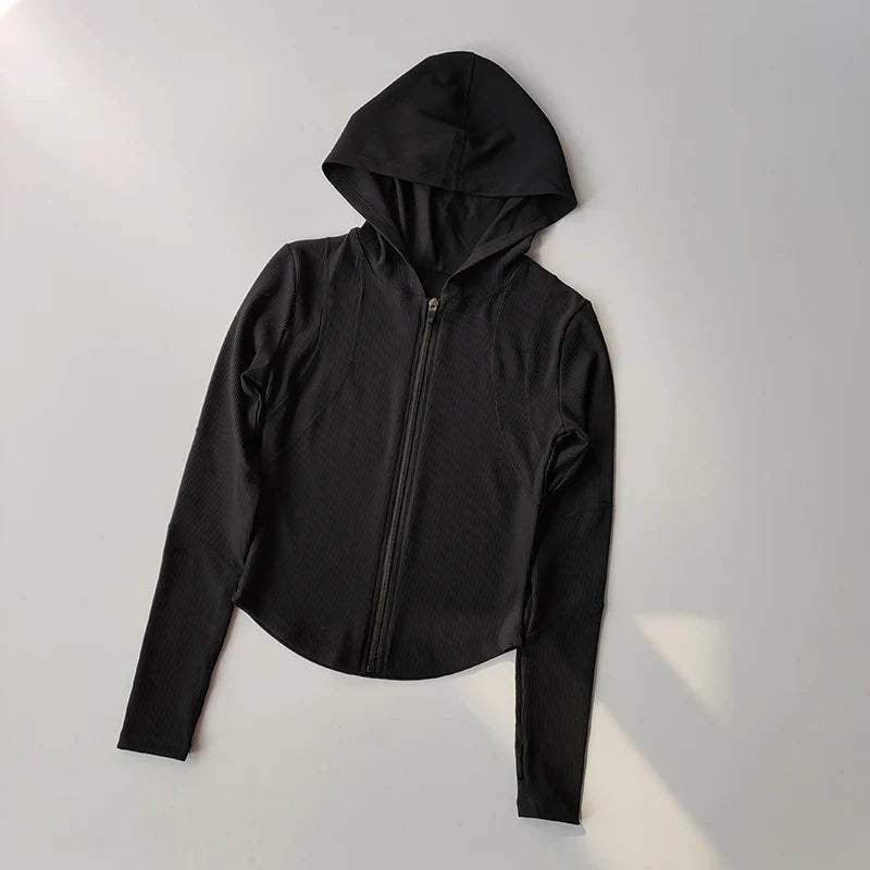 Women’s Slim Fit Hooded Jacket – Long Sleeve Sports Coat with Thumb Holes