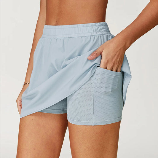 High-Waist Sports Shorts with Skirt Overlay – Multi Colors