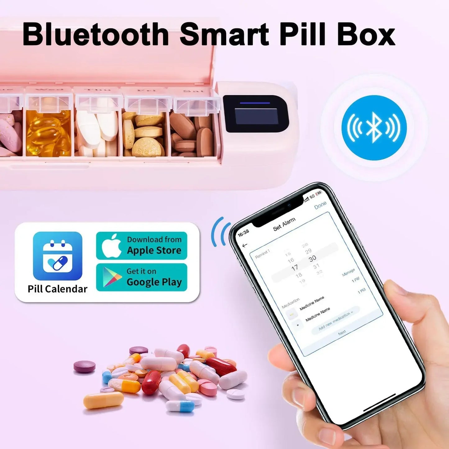 Smart Bluetooth Pill Organizer – Weekly Electronic Medicine Box with Timer and App Reminder