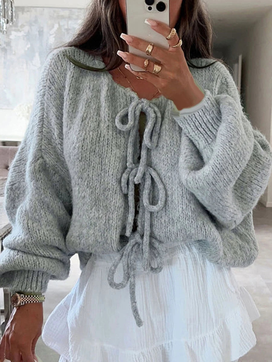Knitted Bow-Tie Front Oversized Cardigan