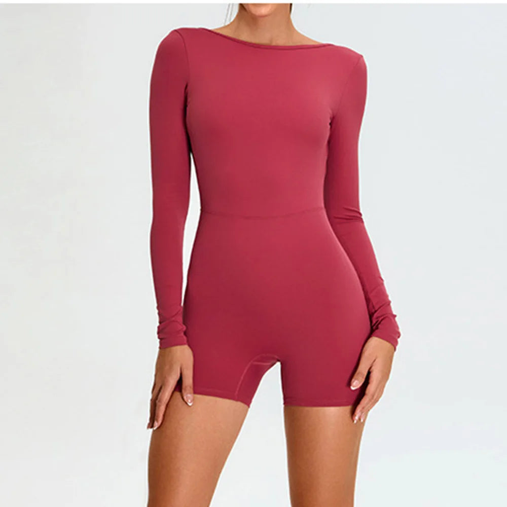 Women's Long Sleeve Backless Yoga Jumpsuit – Elegant Fitted Bodysuit