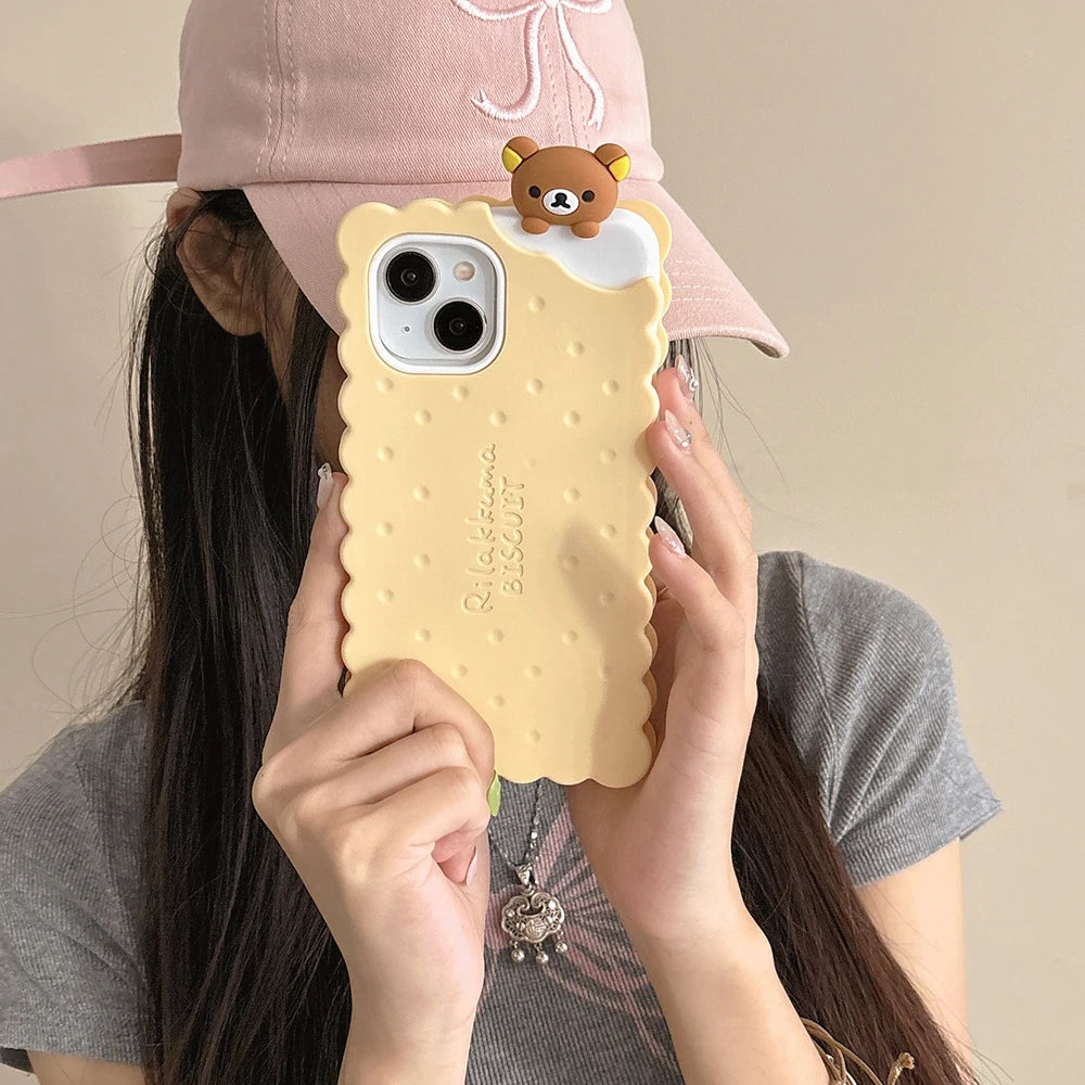 Funny Rilakkuma Bear Sandwich Biscuit Soft Silicone Case – For iPhone 11 to 16 Pro Max