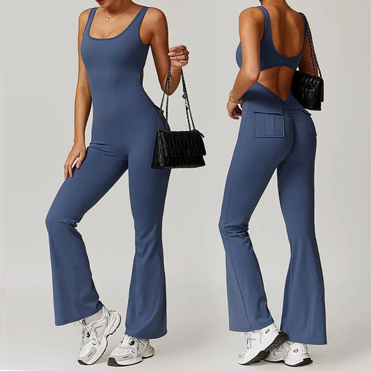 Women's V-Back Pocket Jumpsuit – Flared Leg Fitness Bodysuit