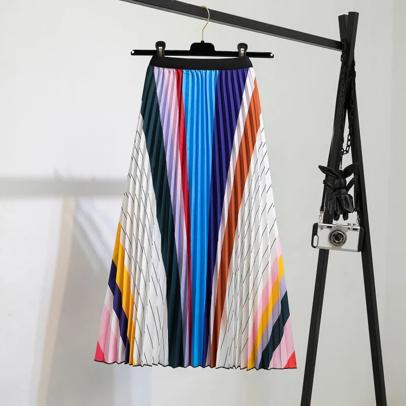 Women’s Cartoon Print Pleated Skirt – High Waist Big Swing Skirt