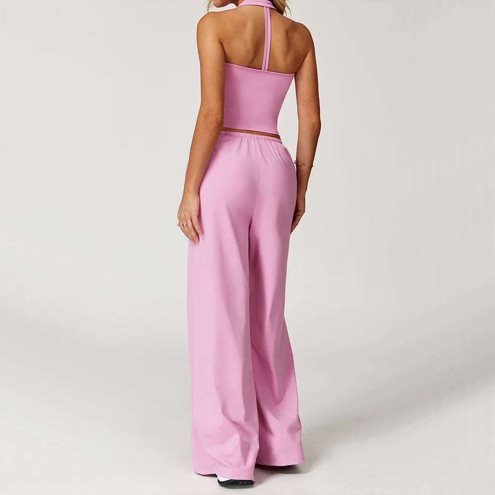 2PCS Women's Yoga Set – Strappy Top with High-Waisted Wide-Leg Pants