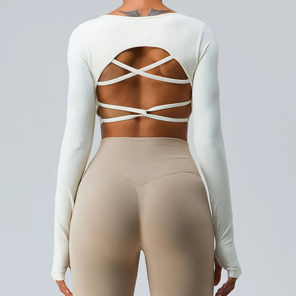 Seamless Backless Long Sleeve Crop Top – Women’s Yoga & Gym Sports Shirt