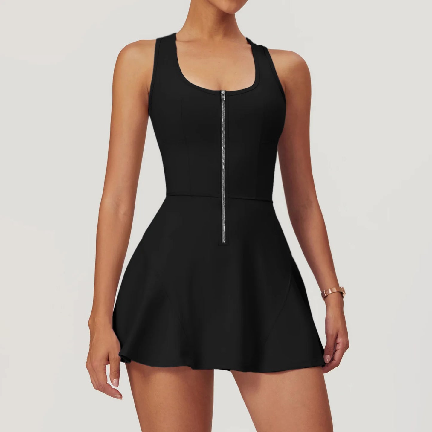 Women’s Skirt Jumpsuit Bodysuit – Zipper Front One-Piece Activewear