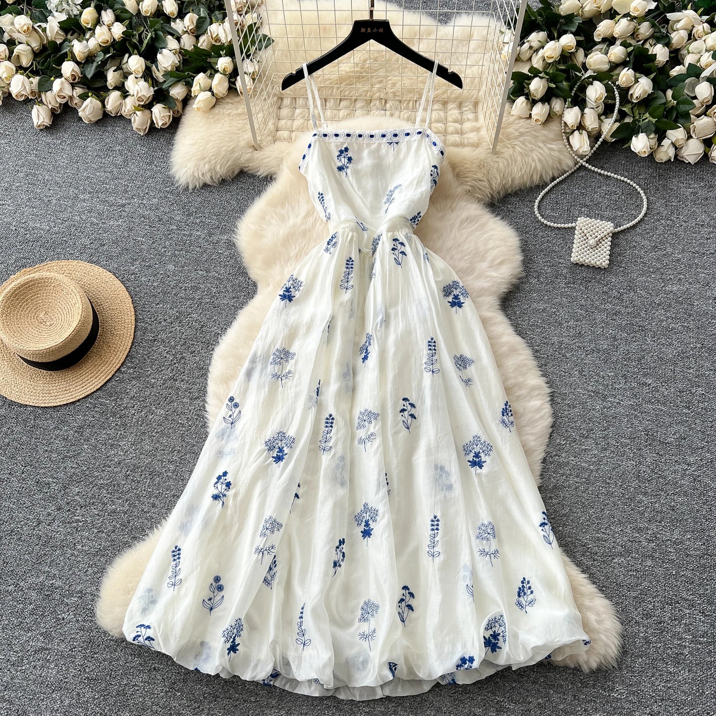 Summer Embroidered Ruched Long Dress