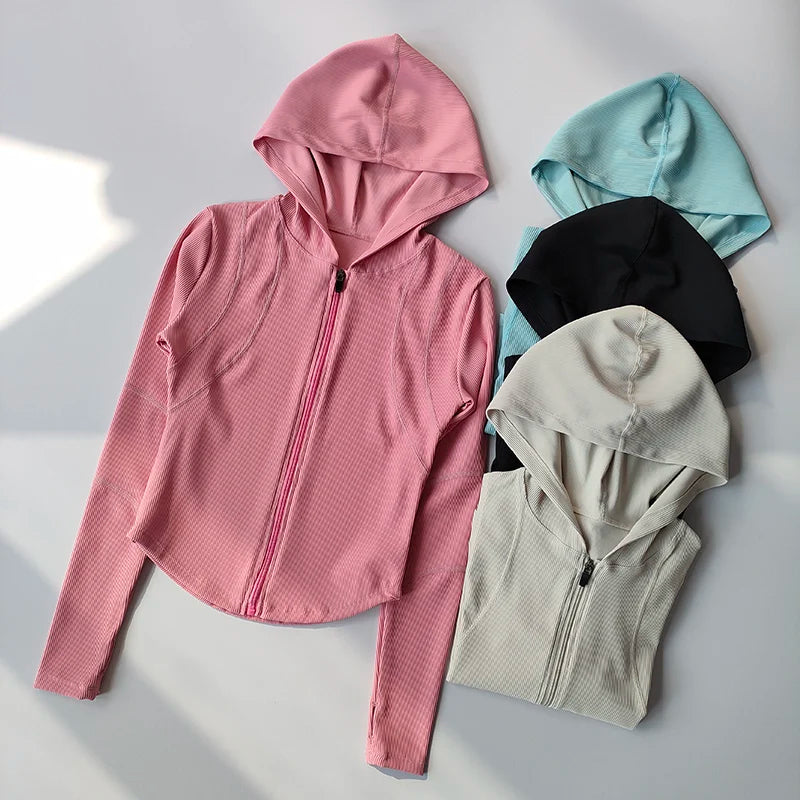 Women’s Slim Fit Hooded Jacket – Long Sleeve Sports Coat with Thumb Holes
