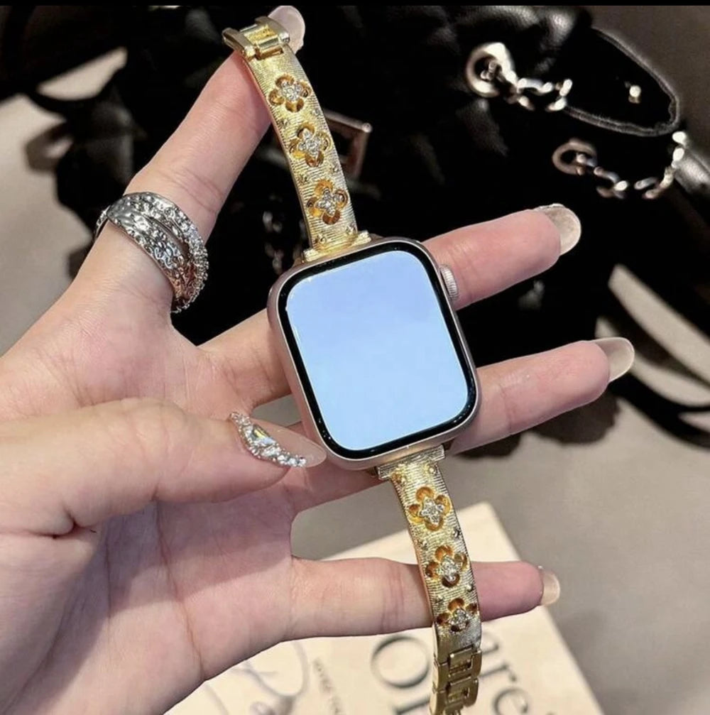 Luxury Bling Gold Stainless Steel Bracelet for Apple Watch – Crystal Decorated Women’s Band