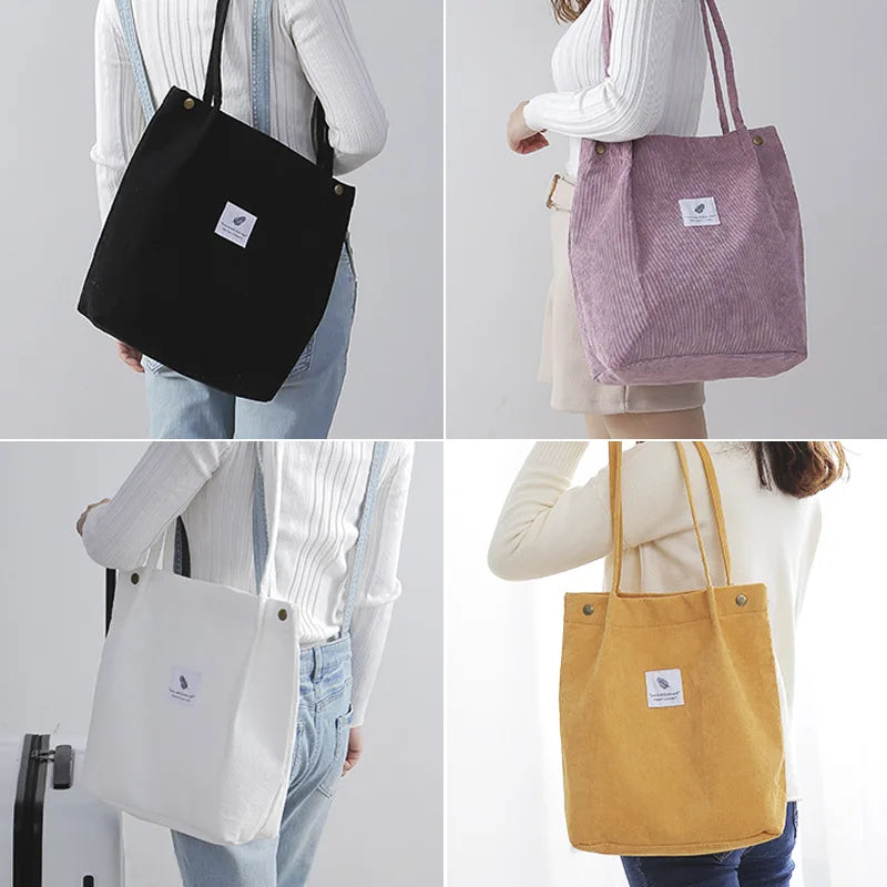 Women’s Cotton Corduroy Shoulder Tote Bag – Reusable Casual Eco Shopping Bag