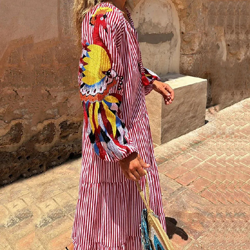 Bohemian Long Lantern Sleeve V-Neck Dress