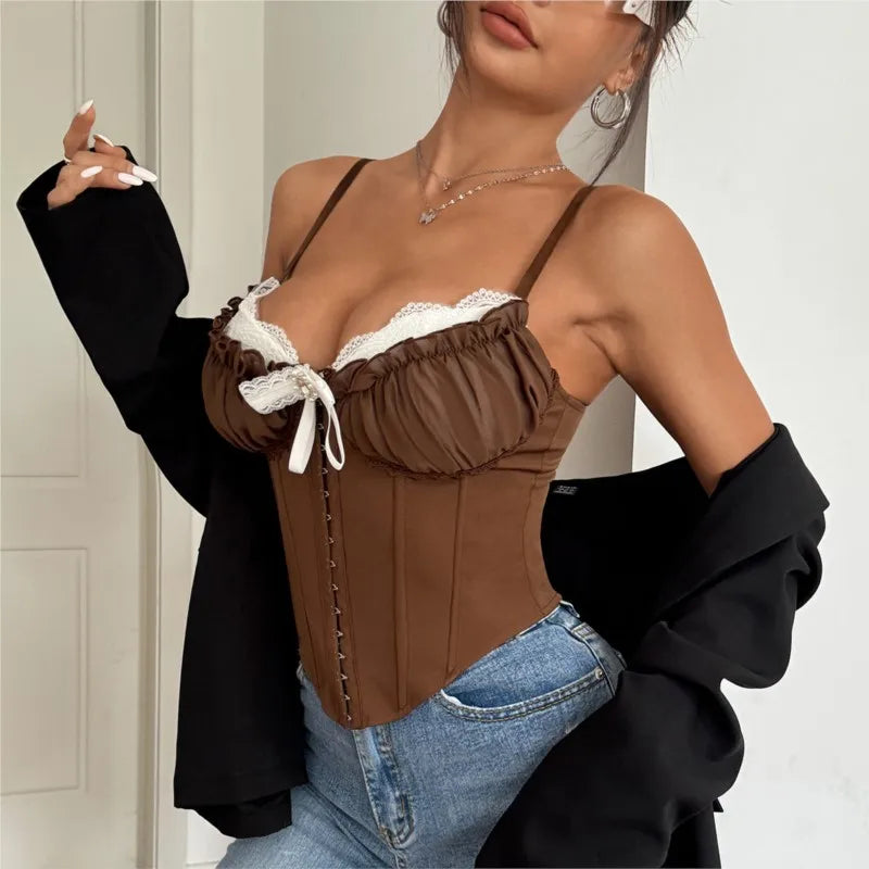 Women’s Lace Bustier Corset Top – Y2K Sexy Spaghetti Strap Bustier