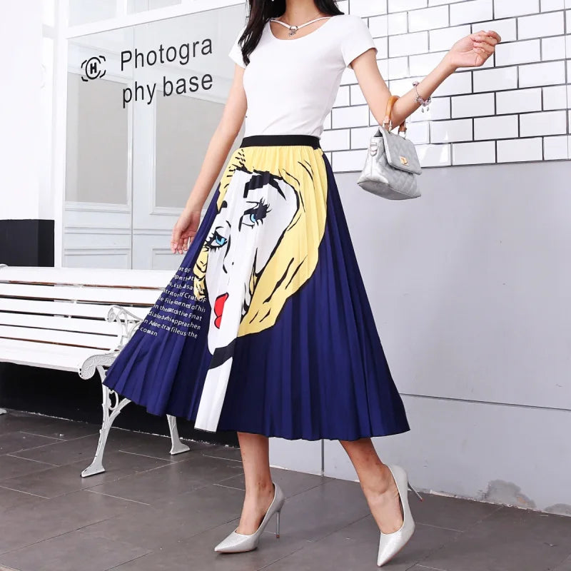 Women’s Cartoon Print Pleated Skirt – High Waist Big Swing Skirt