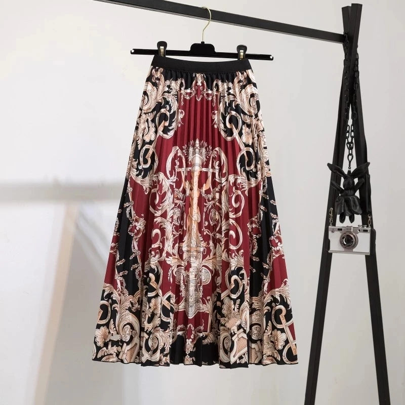 Women’s Cartoon Print Pleated Skirt – High Waist Big Swing Skirt