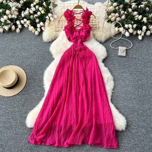 3D Floral Hollow Out Pleated Maxi Dress – Backless Vacation Beach Party Dress