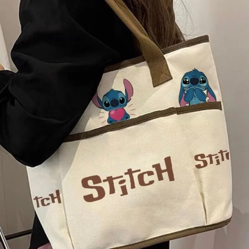 Stitch Cartoon Shoulder Bag – Large Capacity Canvas Tote with Zipper