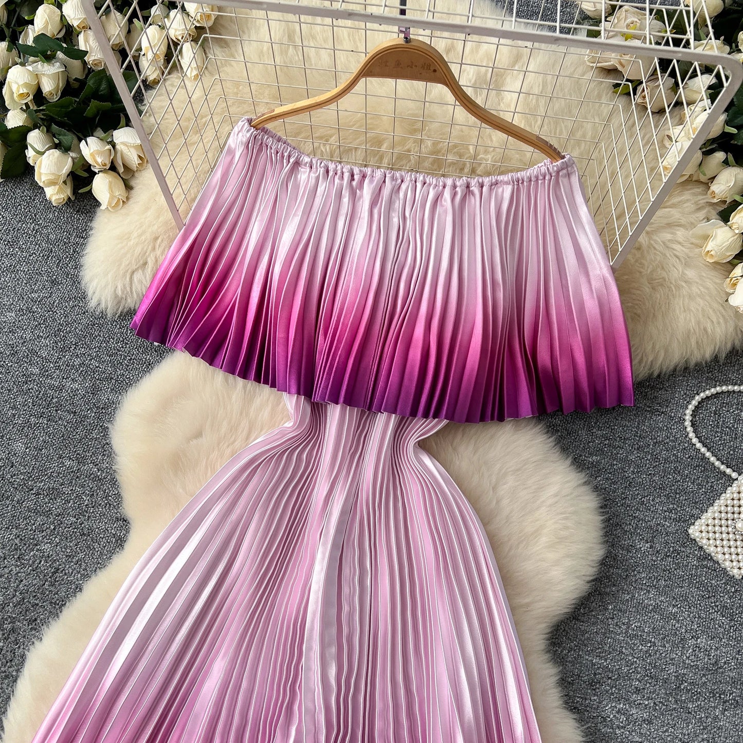 Gradient Pleated Maxi Dress – Off Shoulder Vacation Style