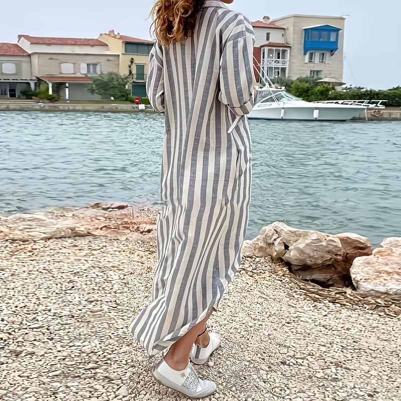 Striped Long Shirt Dress with Pockets