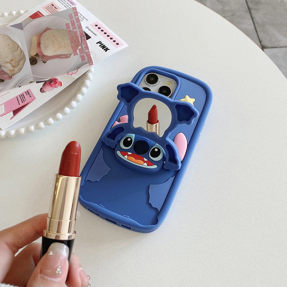 Kawaii 3D Cartoon Stitch Soft Silicone Case with Makeup Mirror & Stand Holder – For iPhone 11 to 16 Pro Max
