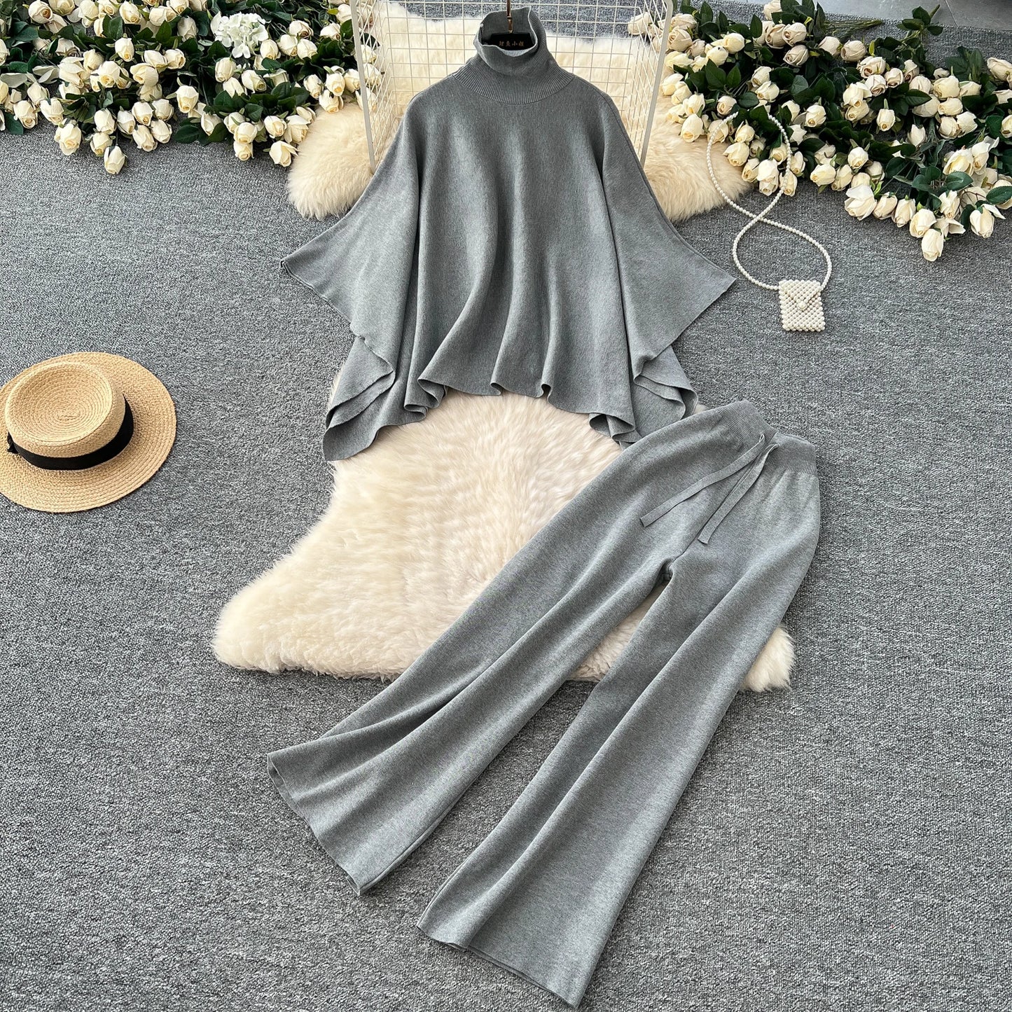 SINGREINY Turtleneck Warm Two-Piece Set – Knitted Sweater & Wide Leg Pants