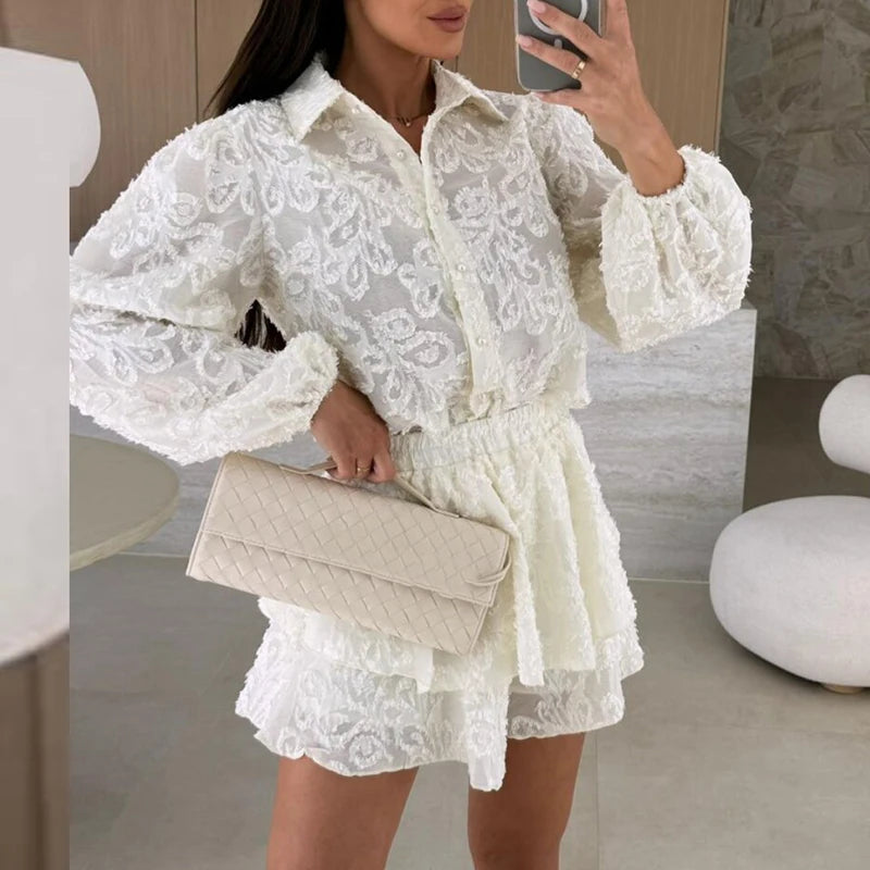 Lace Long Sleeve Shirt and Shorts Set