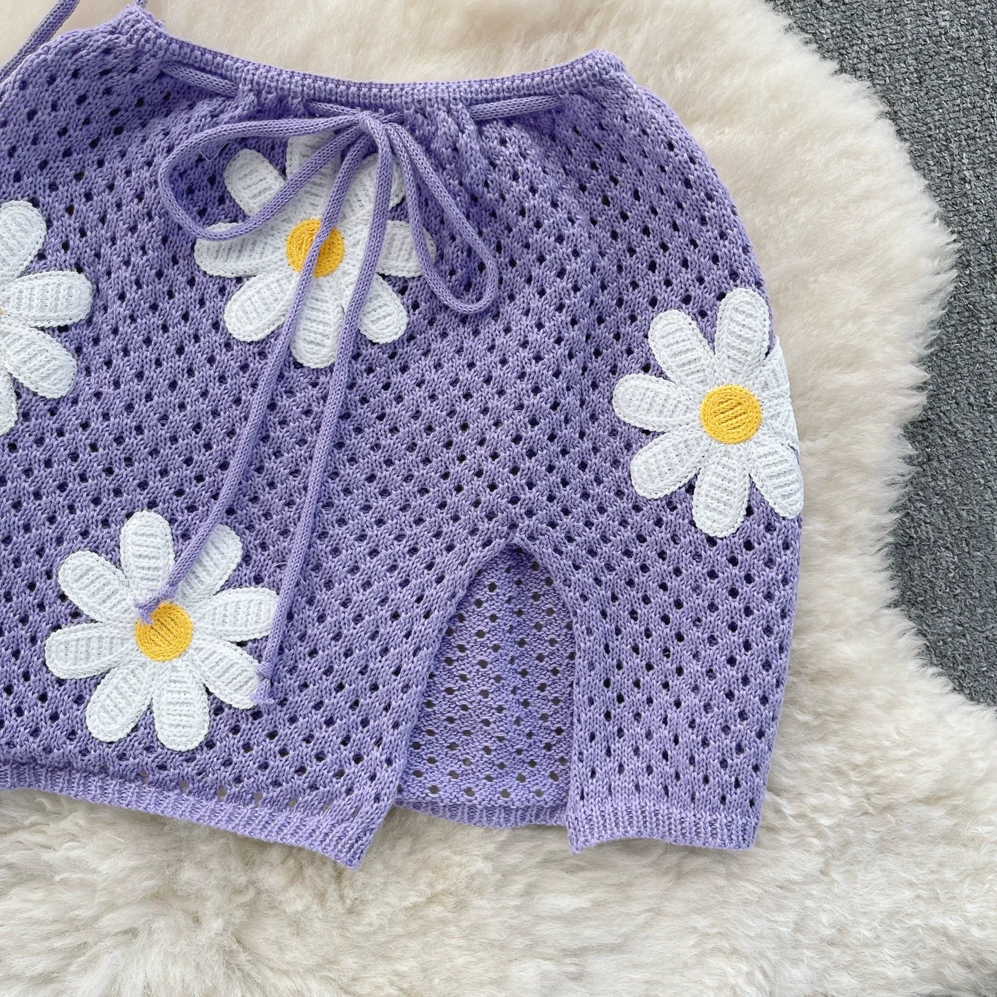 Korean Style Hollow Crochet 2-Piece Set – Halter Tie Front Top + Drawstring Split Mini Skirt with Flowers