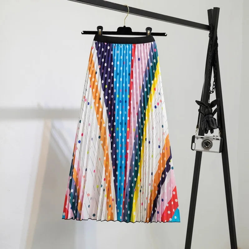 Women’s Cartoon Print Pleated Skirt – High Waist Big Swing Skirt
