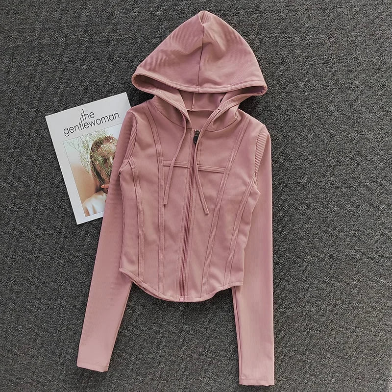 Women’s Cropped Hooded Sports Jacket – Zipper Long Sleeve Activewear