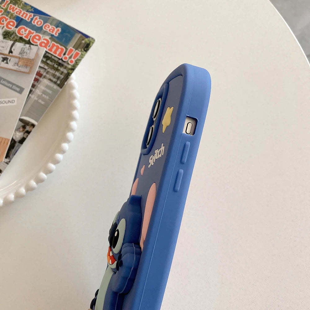 Kawaii 3D Cartoon Stitch Soft Silicone Case with Makeup Mirror & Stand Holder – For iPhone 11 to 16 Pro Max