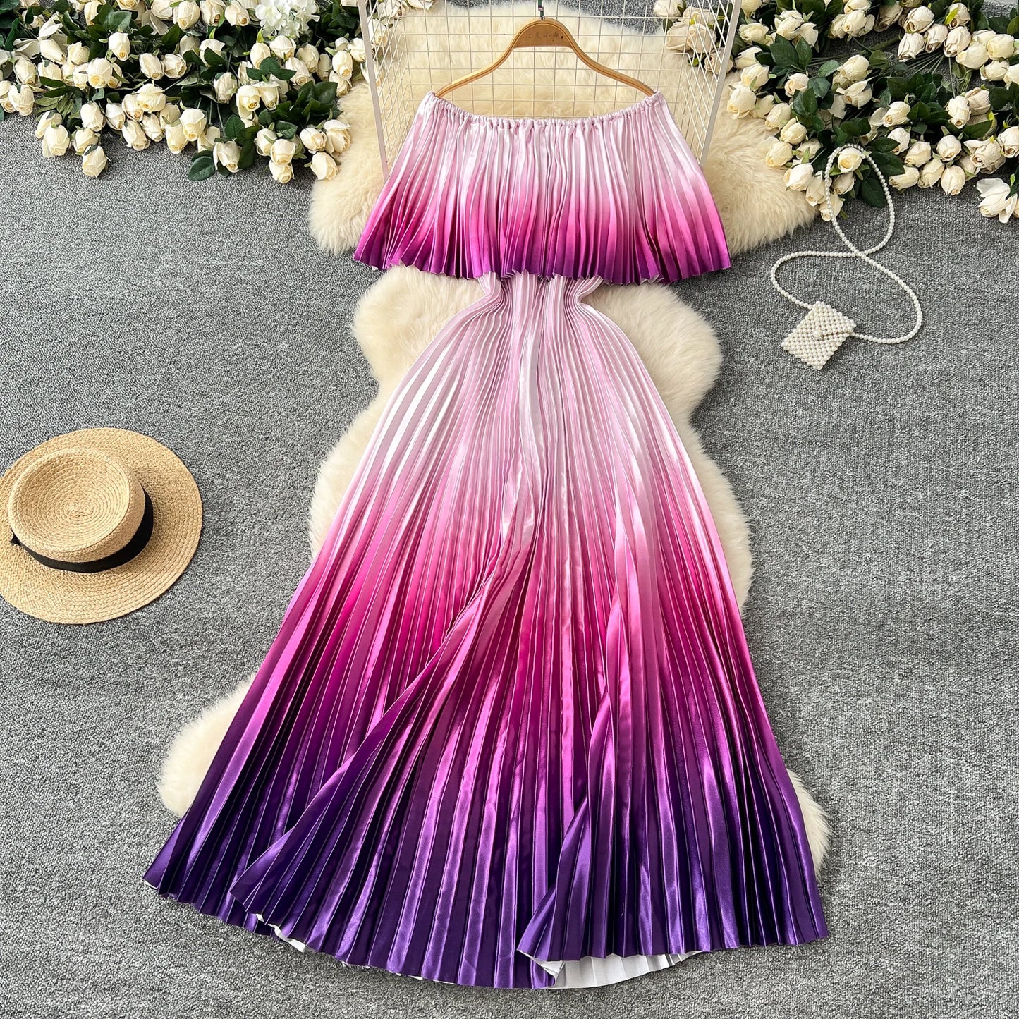 Gradient Pleated Maxi Dress – Off Shoulder Vacation Style