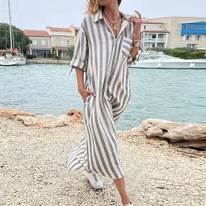 Striped Long Shirt Dress with Pockets
