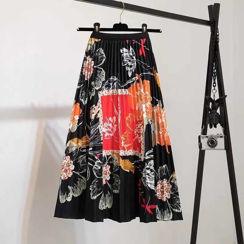 Women’s Cartoon Print Pleated Skirt – High Waist Big Swing Skirt