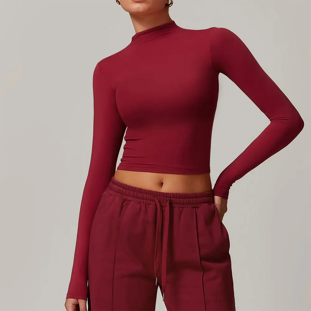 Women's Crop Top – High Neck Long Sleeve Sports Shirt for Yoga & Fitness