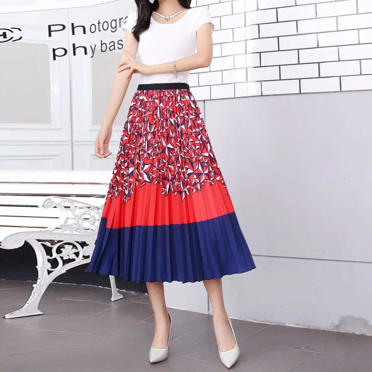 Women’s Cartoon Print Pleated Skirt – High Waist Big Swing Skirt
