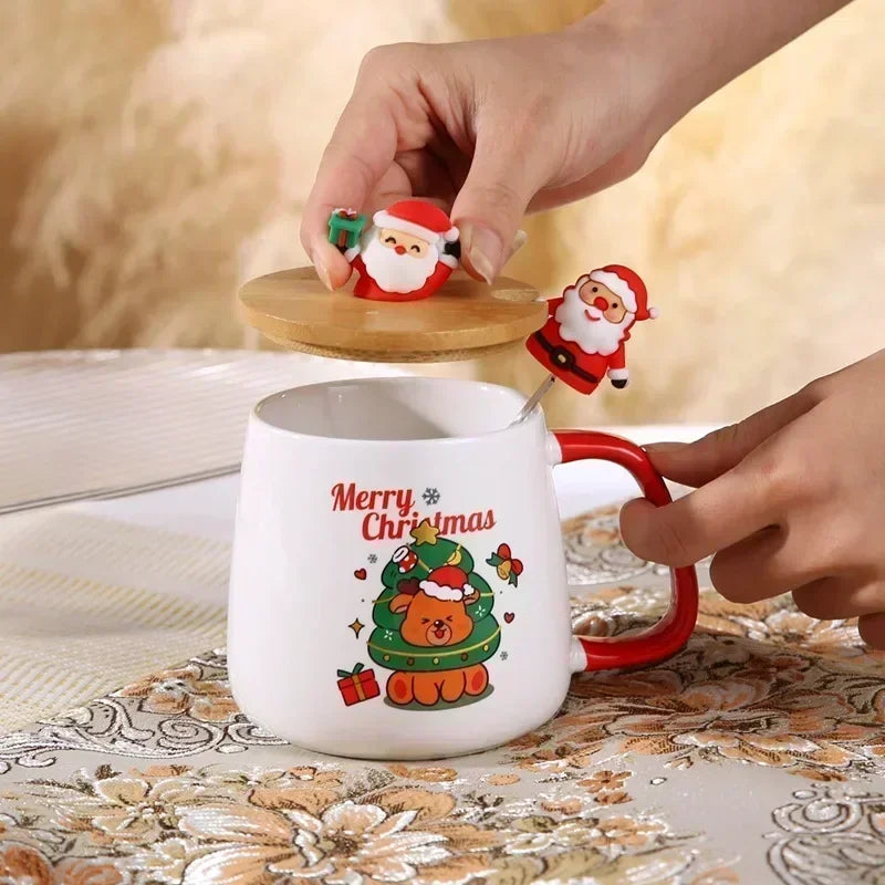 Christmas Ceramic Mug Set with Lid & Spoon – Holiday Edition