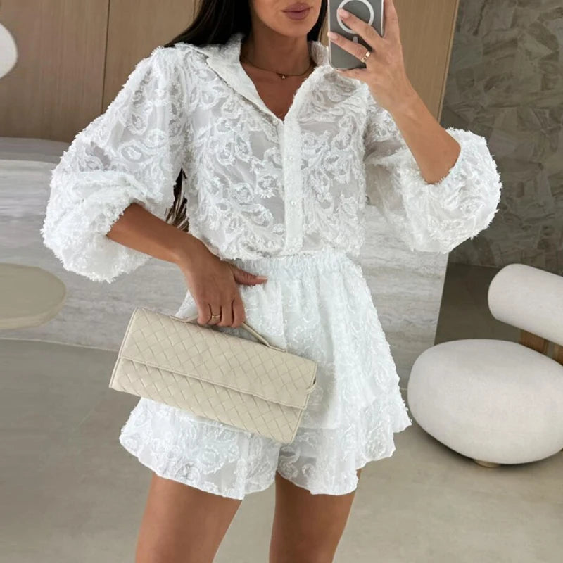 Lace Long Sleeve Shirt and Shorts Set