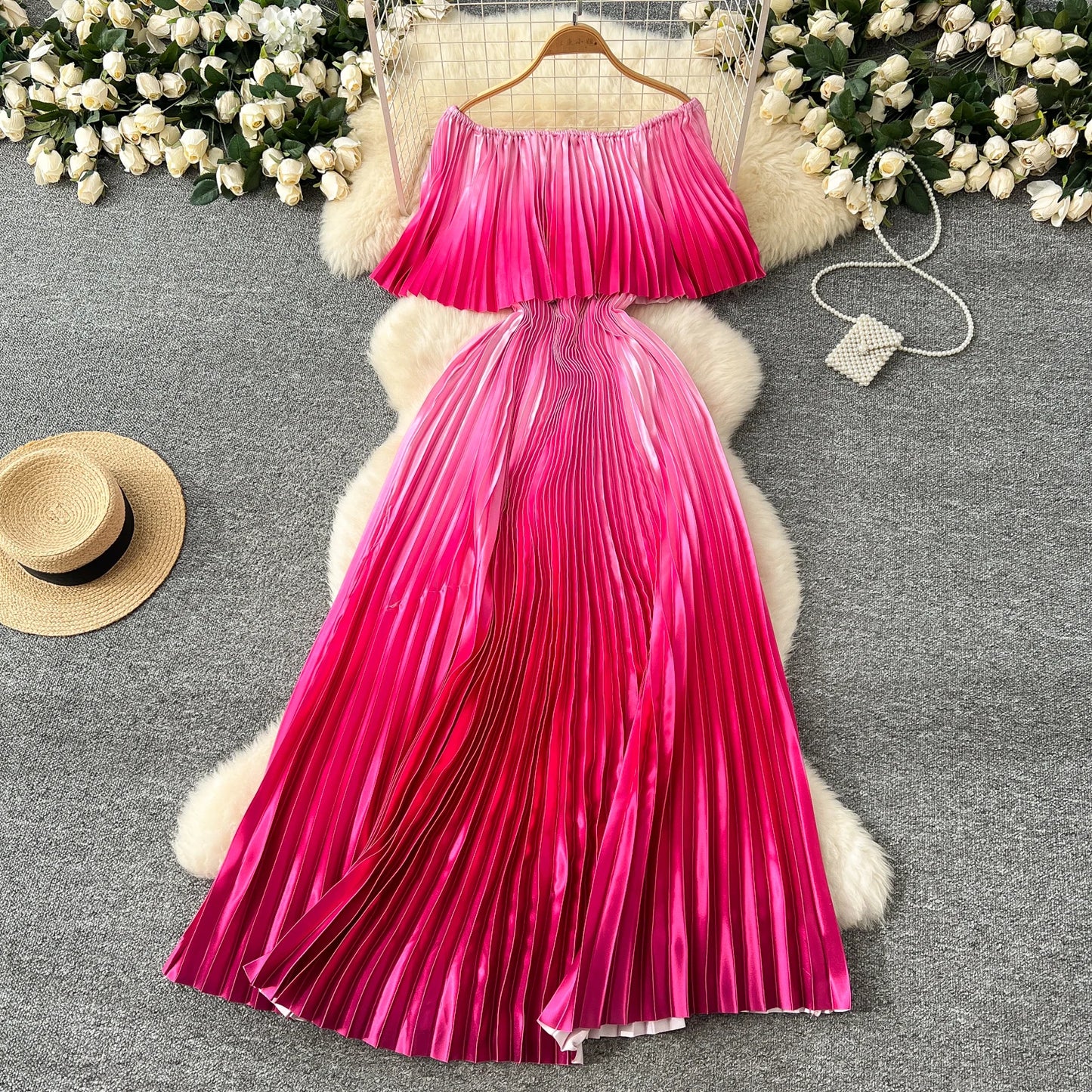 Gradient Pleated Maxi Dress – Off Shoulder Vacation Style
