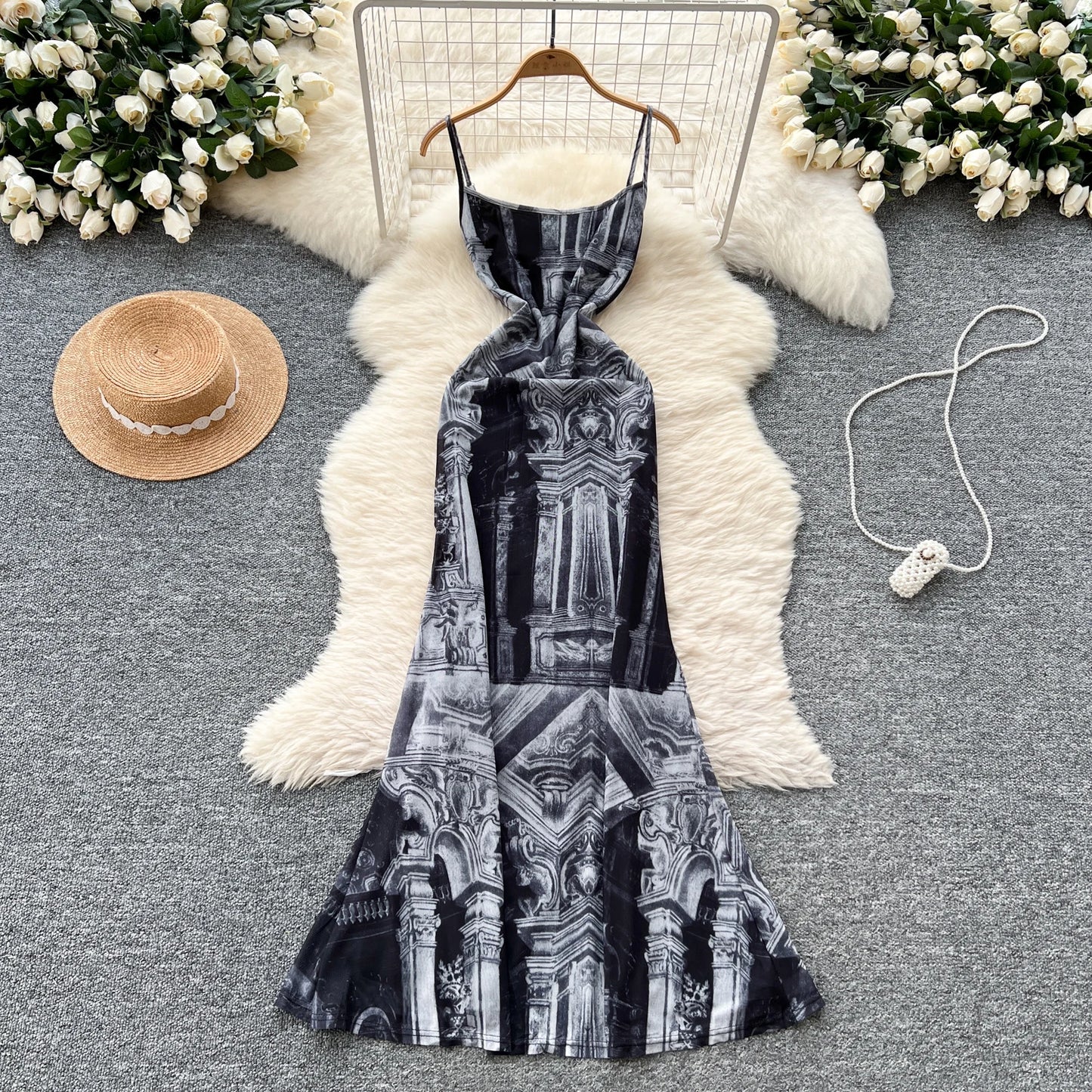 French Print Fishtail Sheath Dress with Spaghetti Straps