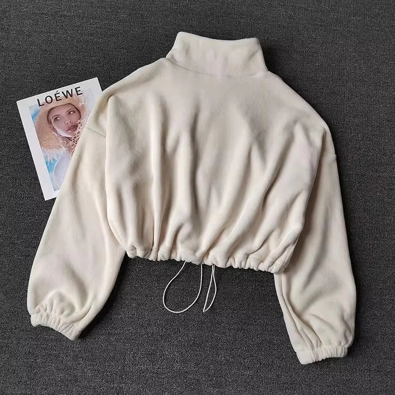 Women’s Fleece-Lined Sports Sweatshirt – Casual Loose Crop Top with Long Sleeves