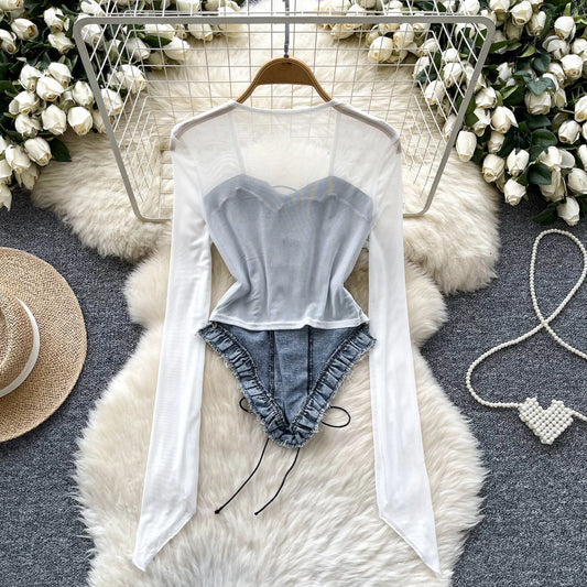Women's Denim Corset Blouse with Sheer Long Sleeves – Patchwork Style