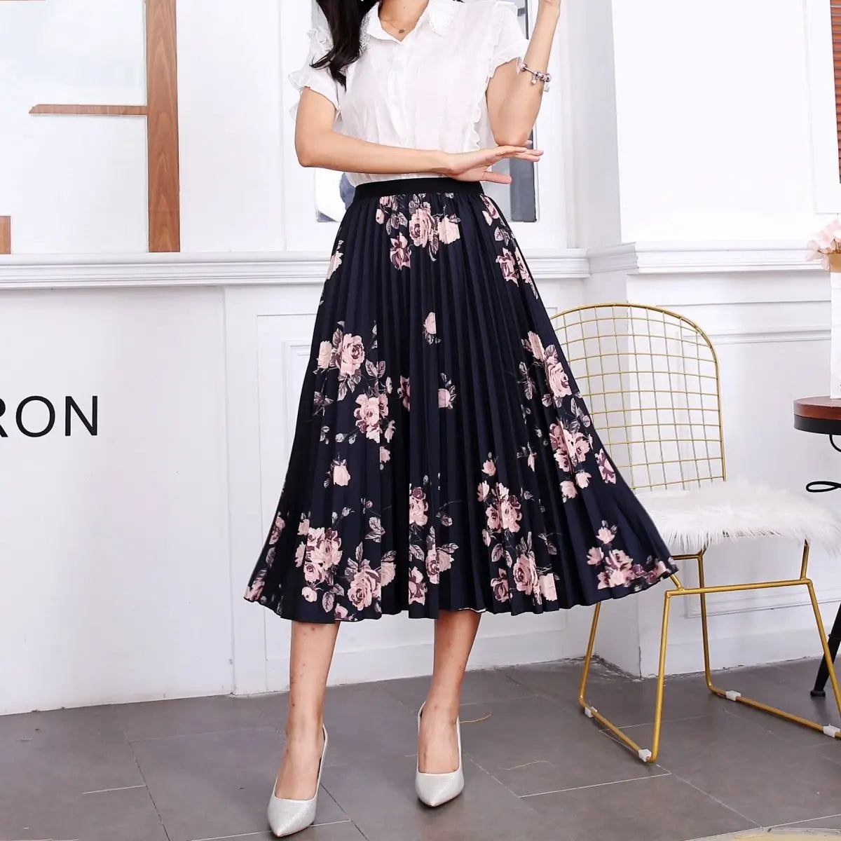 Women’s Cartoon Print Pleated Skirt – High Waist Big Swing Skirt