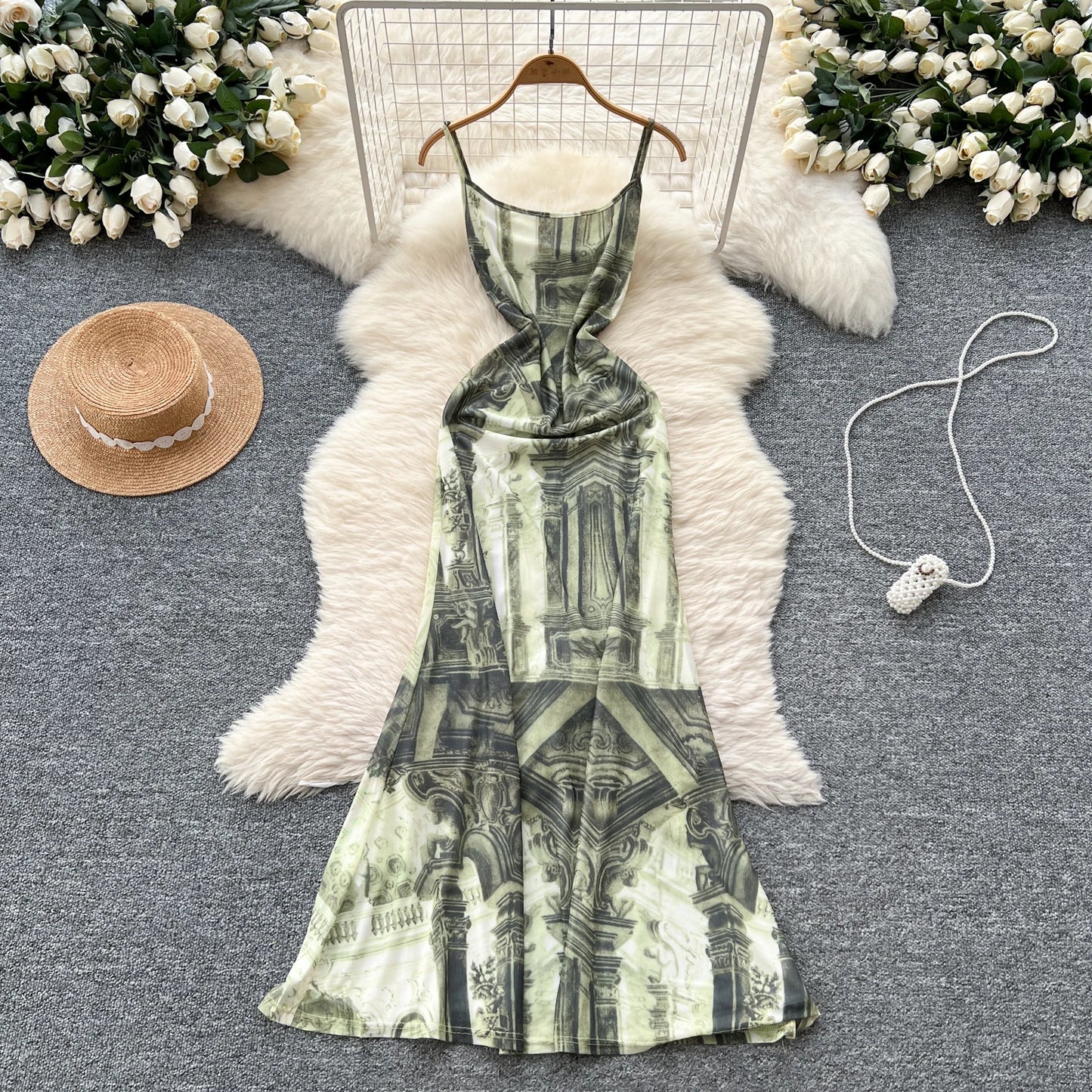 French Print Fishtail Sheath Dress with Spaghetti Straps