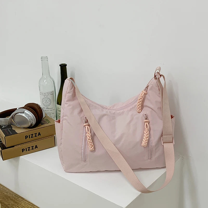 Trendy Women’s Large Crossbody Fabric Bag – Solid Color Student Style Shoulder Tote