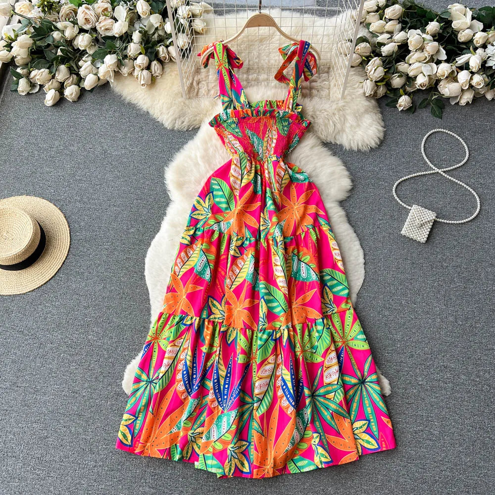 Summer Vacation Spaghetti Strap Floral Sundress – Sleeveless Ruched Backless Maxi Dress
